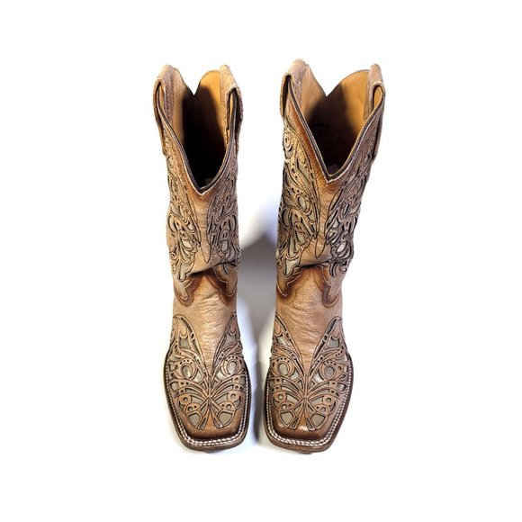 CORRAL Cowboy Square Toe Western Boots Antiqued Tan Metallic Inlay Women… - Picture 2 of 11